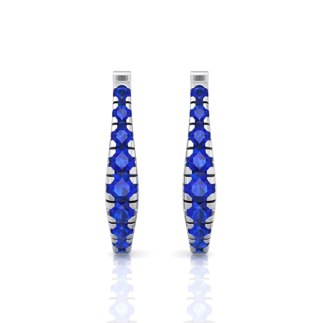 Natural Blue Sapphire Graduated Round Shape Huggie Hoop Earrings  WG 4