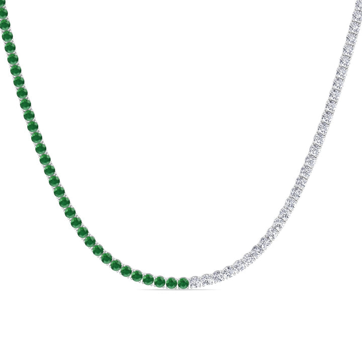 Natural Half Green Emerald and Diamond Tennis Necklace White Gold 14K