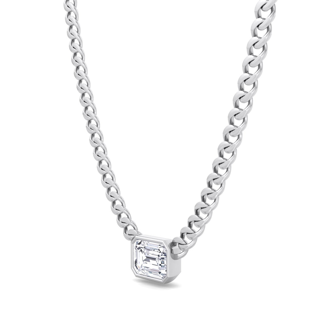 Bezel Set Emerald Cut Natural Diamond Cuban Chain Necklace White Gold 14K