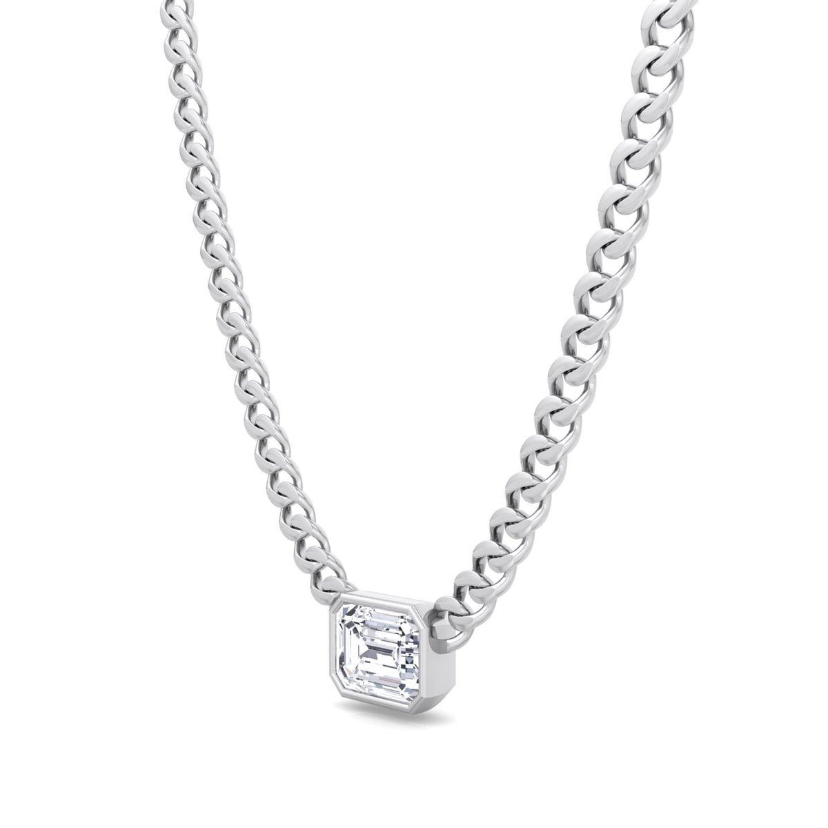 Bezel Set Emerald Cut Natural Diamond Cuban Chain Necklace White Gold 14K