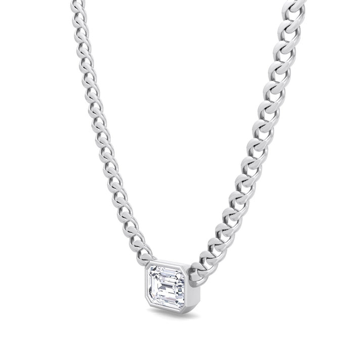 Bezel Set Emerald Cut Natural Diamond Cuban Chain Necklace White Gold 14K