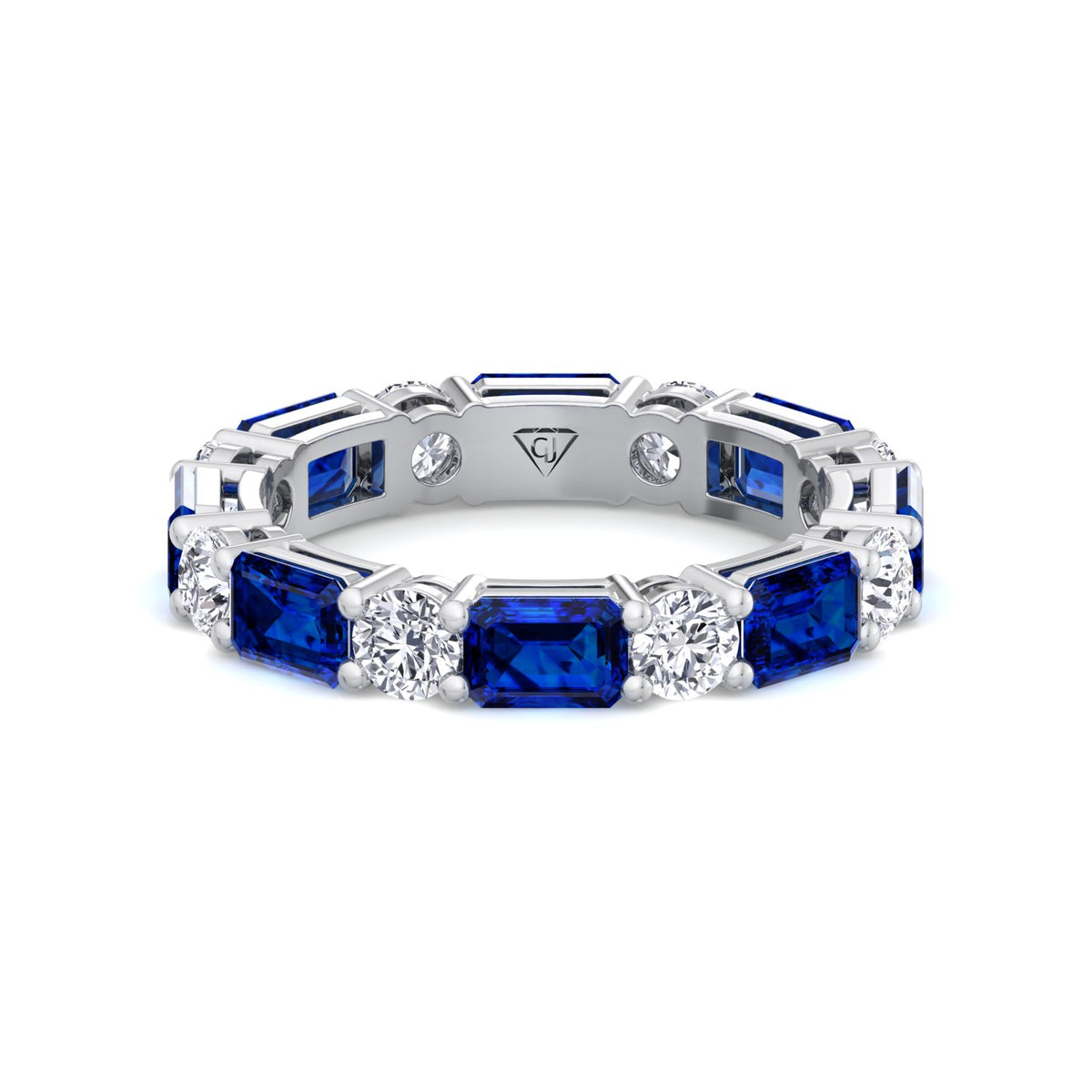 Alternating Natural Emerald Shape Blue Sapphire and Round Shape Diamond Eternity Band White Gold 14K