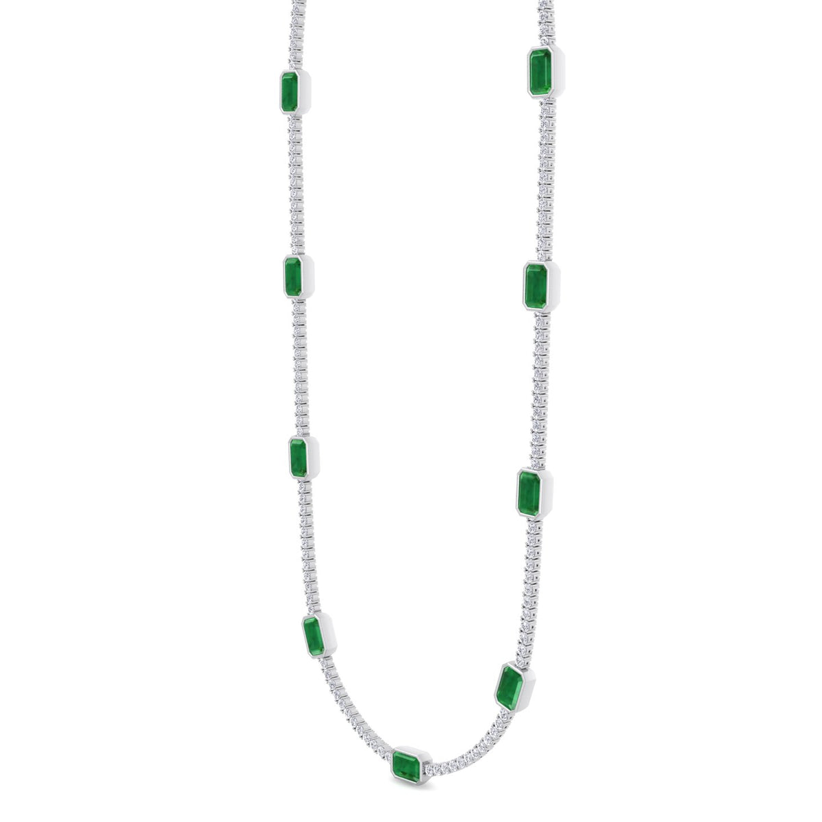 natural-diamond-green-emerald-station-tennis-necklace-14K-white-solid-gold