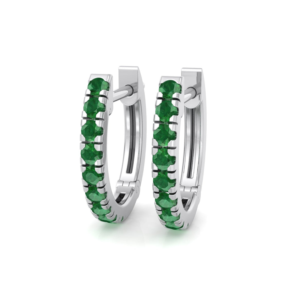Natural Green Emerald Round Shape Huggie Hoop Earrings White Gold 18K