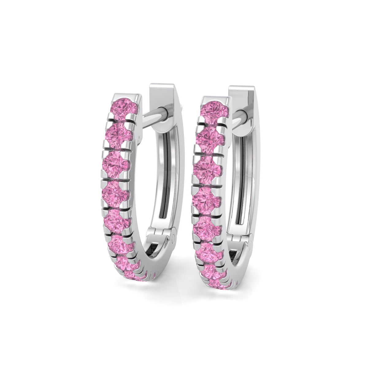 Natural Pink Sapphire Round Shape Huggie Hoop Earrings White Gold 14K
