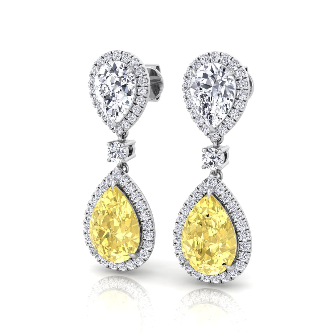 Pear & Round Cut Natural Diamond & Fancy Yellow Diamond Halo Drop Earrings