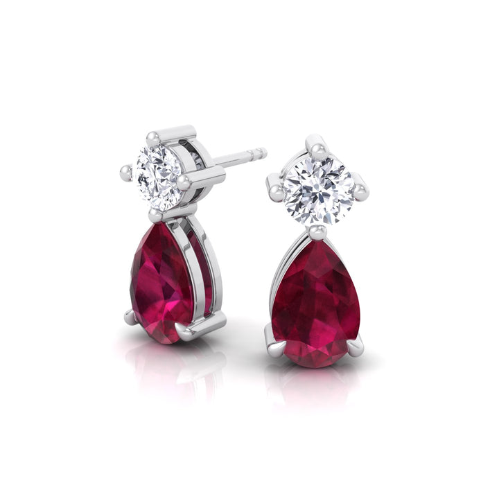 Natural Round Shape Diamond & Pear Shape Red Ruby Drop Earrings