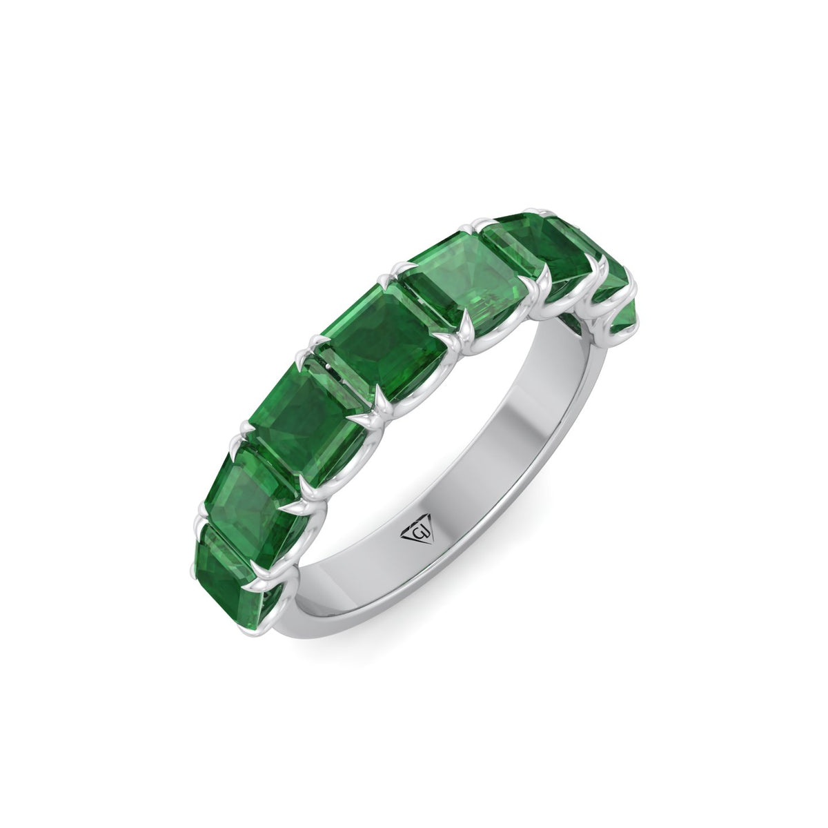 Green Emerald in Emerald Cut Half Eternity Band WG