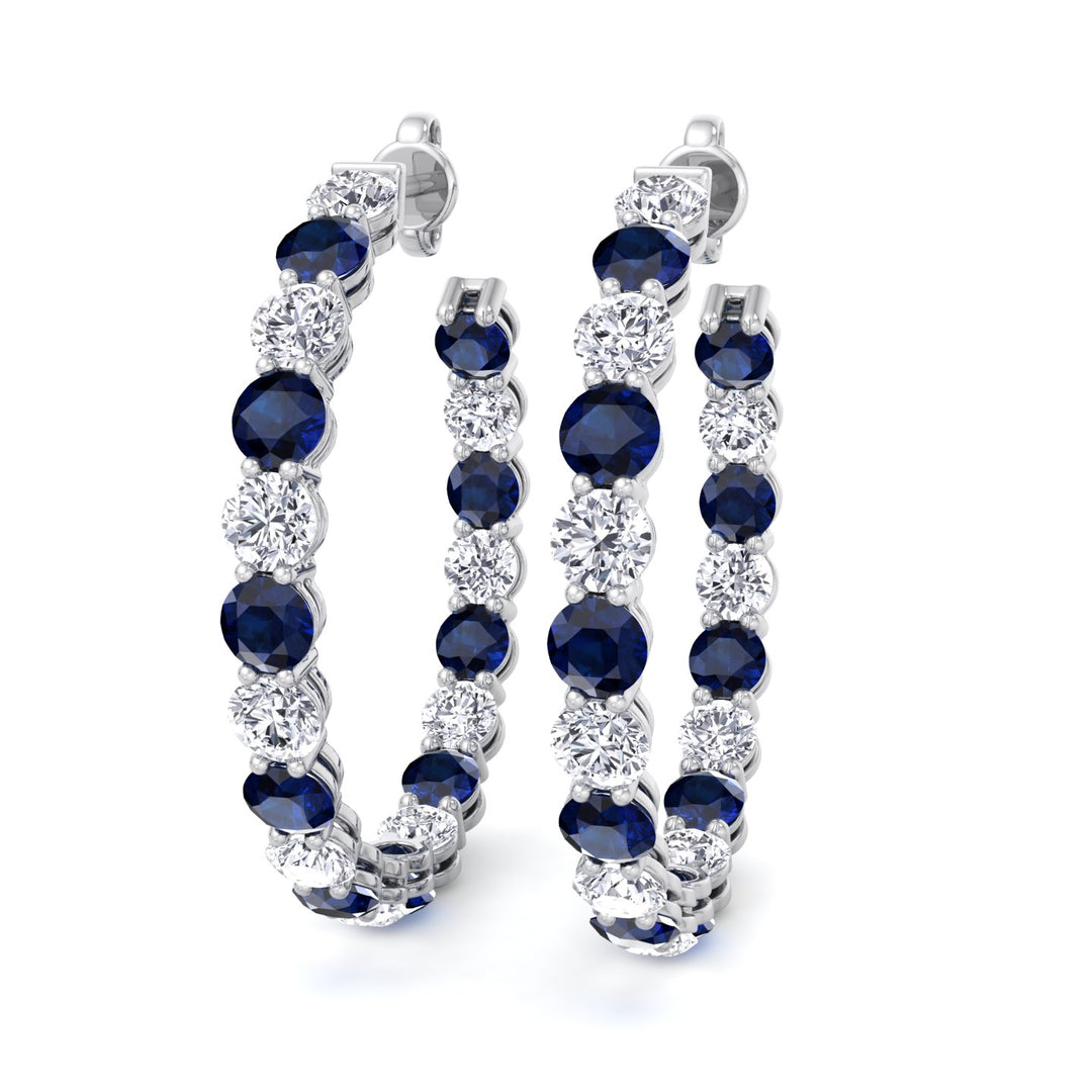 Alternating Natural Blue Sapphire and Diamond Inside Out Hoop Earrings White Gold 18K