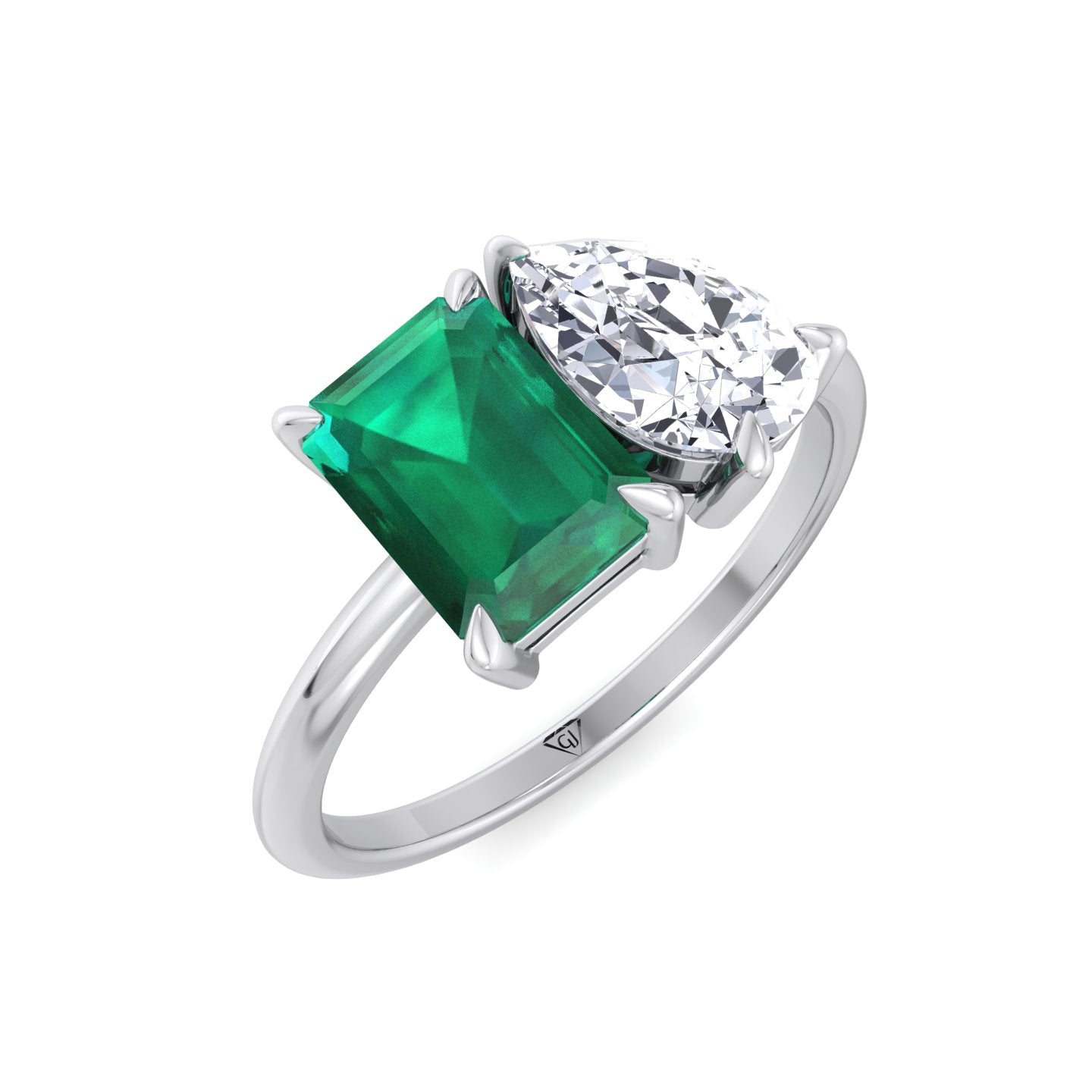 Demi - Toi et Moi Green Emerald & Pear Cut Diamond Engagement Ring - Gem Jewelers Co