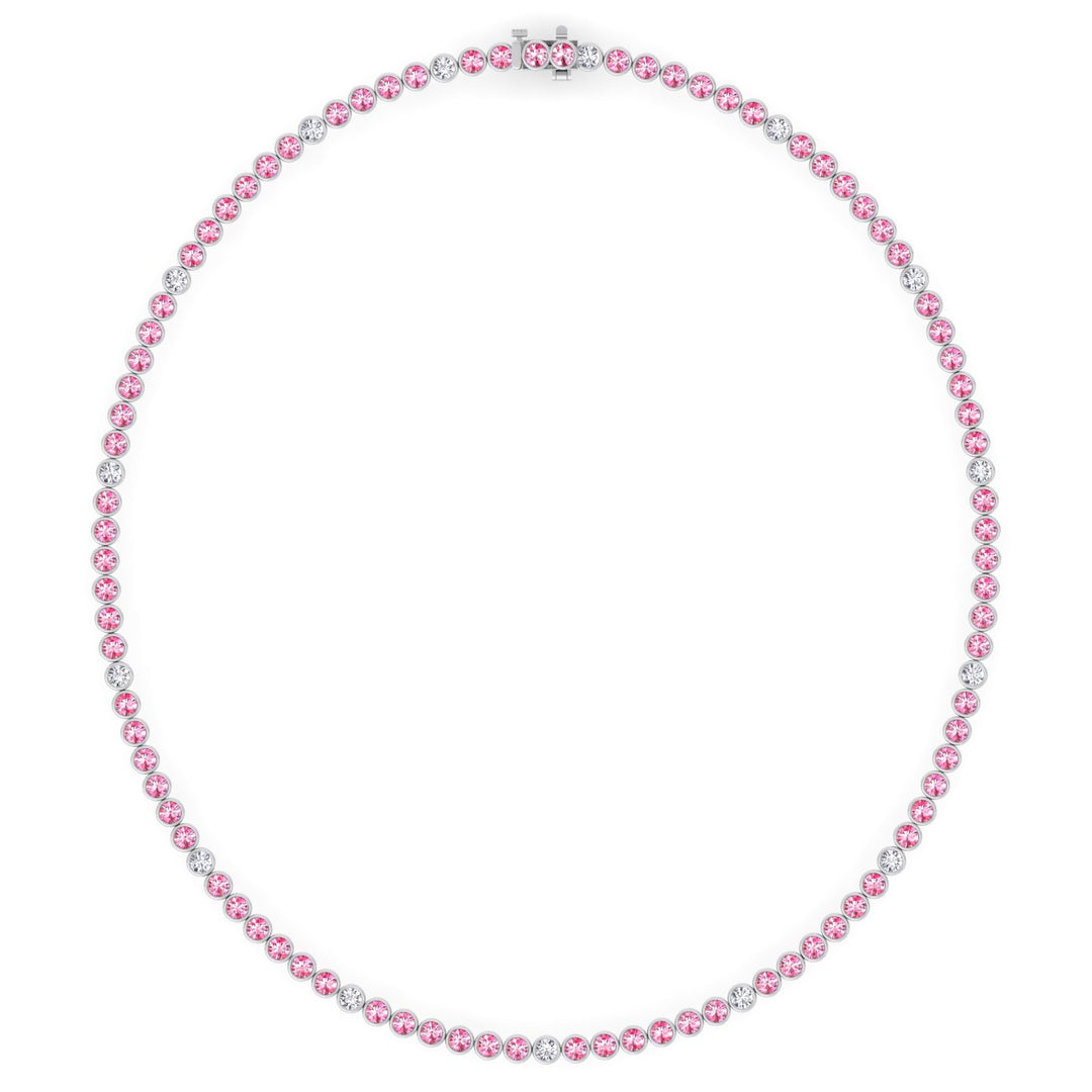 Bezel Set Natural Pink Sapphire Tennis Necklace with Diamonds
 White Gold  18K