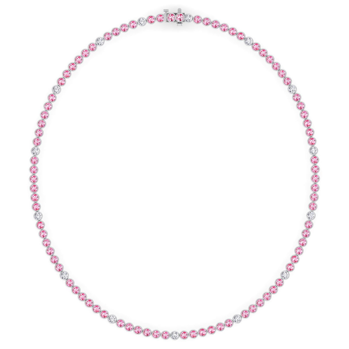 Bezel Set Natural Pink Sapphire Tennis Necklace with Diamonds
 White Gold  18K