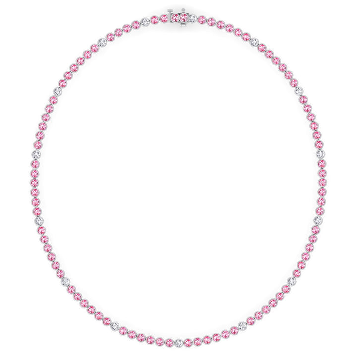 Bezel Set Natural Pink Sapphire Tennis Necklace with Diamonds
 White Gold  18K