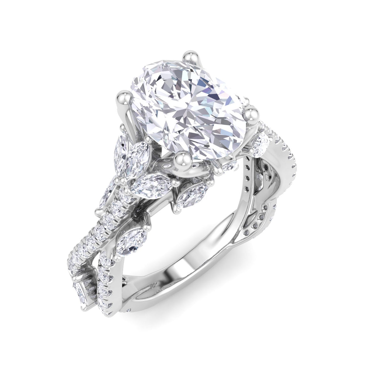 Fiorella - Oval Shape Diamond Engagement Ring with Marquise Shape Side stones and Twisted Pave Band - Gem Jewelers Co