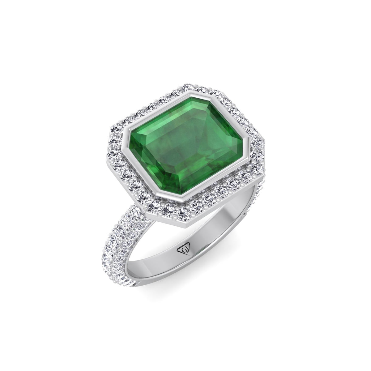 Natural Green Emerald Halo Engagement Ring With Pave Band WG