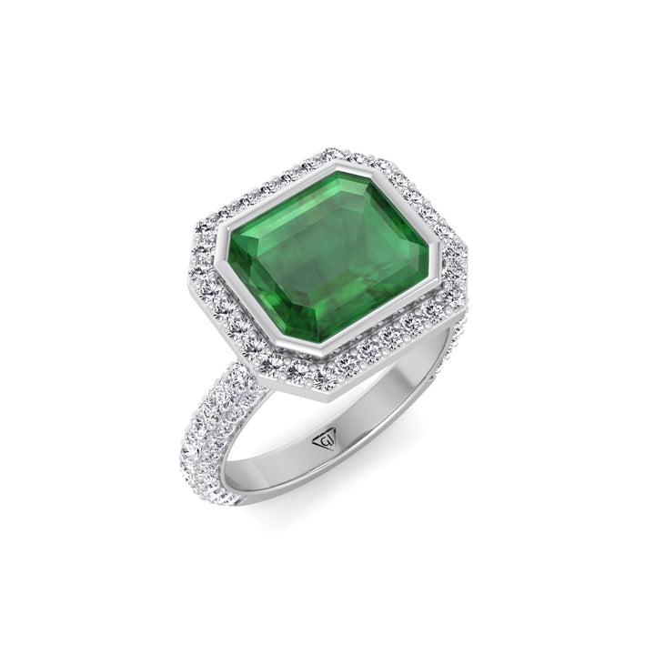 Natural Green Emerald Halo Engagement Ring With Pave Band WG