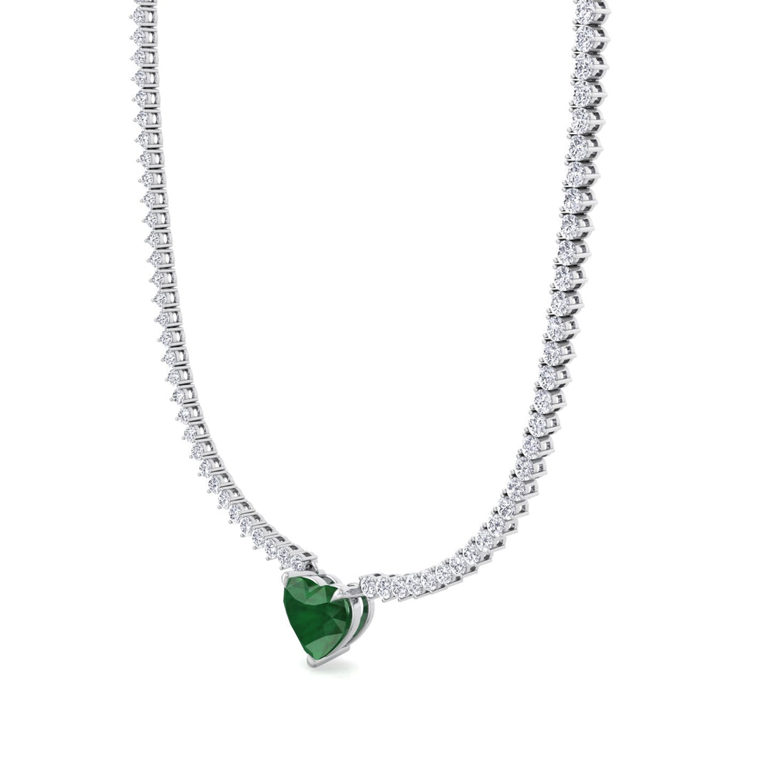  3-Prong Tennis Necklace with Green Emerald Heart Shape Pendant WG 3