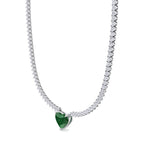  3-Prong Tennis Necklace with Green Emerald Heart Shape Pendant WG 3