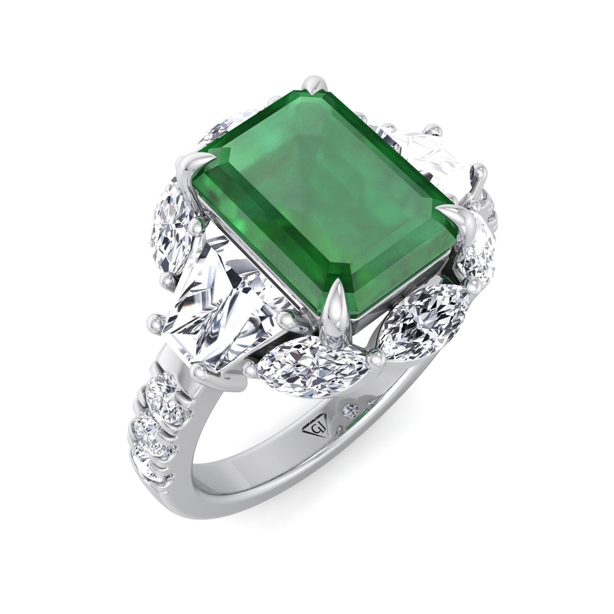 Anzola - Emerald Shape Green Emerald Engagement Ring with Marquise, Trapezoid, and Round Side Stones - Gem Jewelers Co