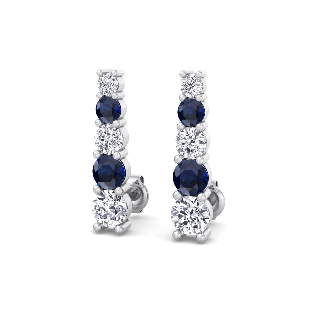 Graduated Natural Diamond and Blue Sapphire Climber Earrings-3CT-18K-White Gold