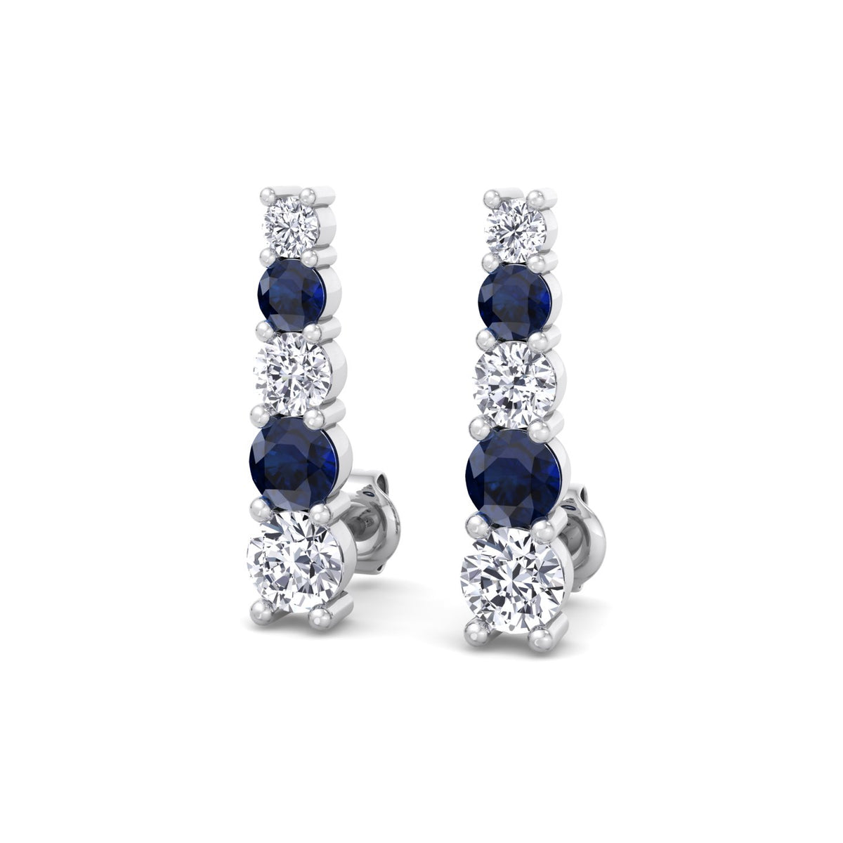 Graduated Natural Diamond and Blue Sapphire Climber Earrings-3CT-18K-White Gold