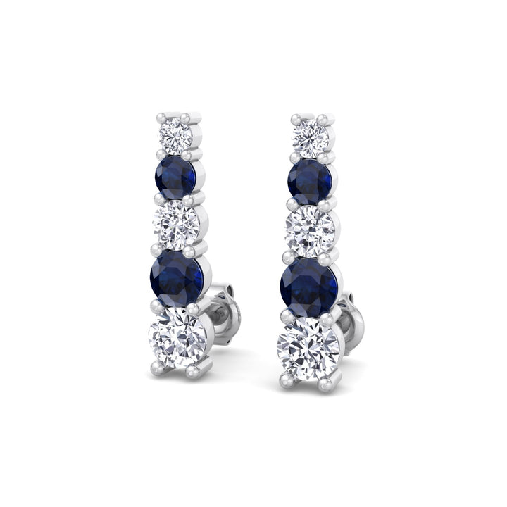 Graduated Natural Diamond and Blue Sapphire Climber Earrings-3CT-18K-White Gold