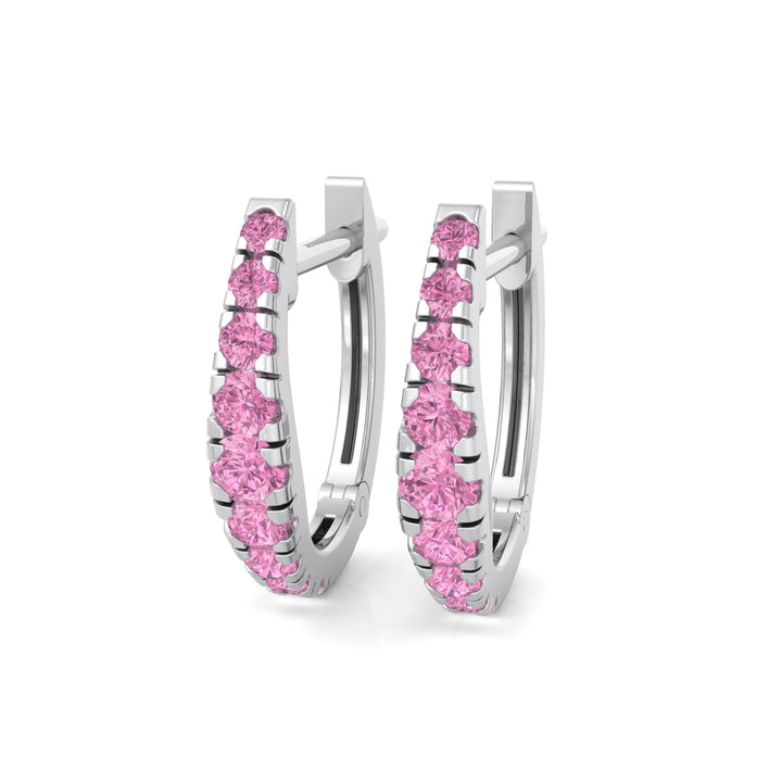 Natural Pink Sapphire Graduated Round Shape Huggie Hoop Earrings WG