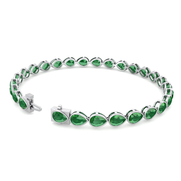 East West Pear Shape Natural Green Emerald Tennis Bracelet White Gold 14K 