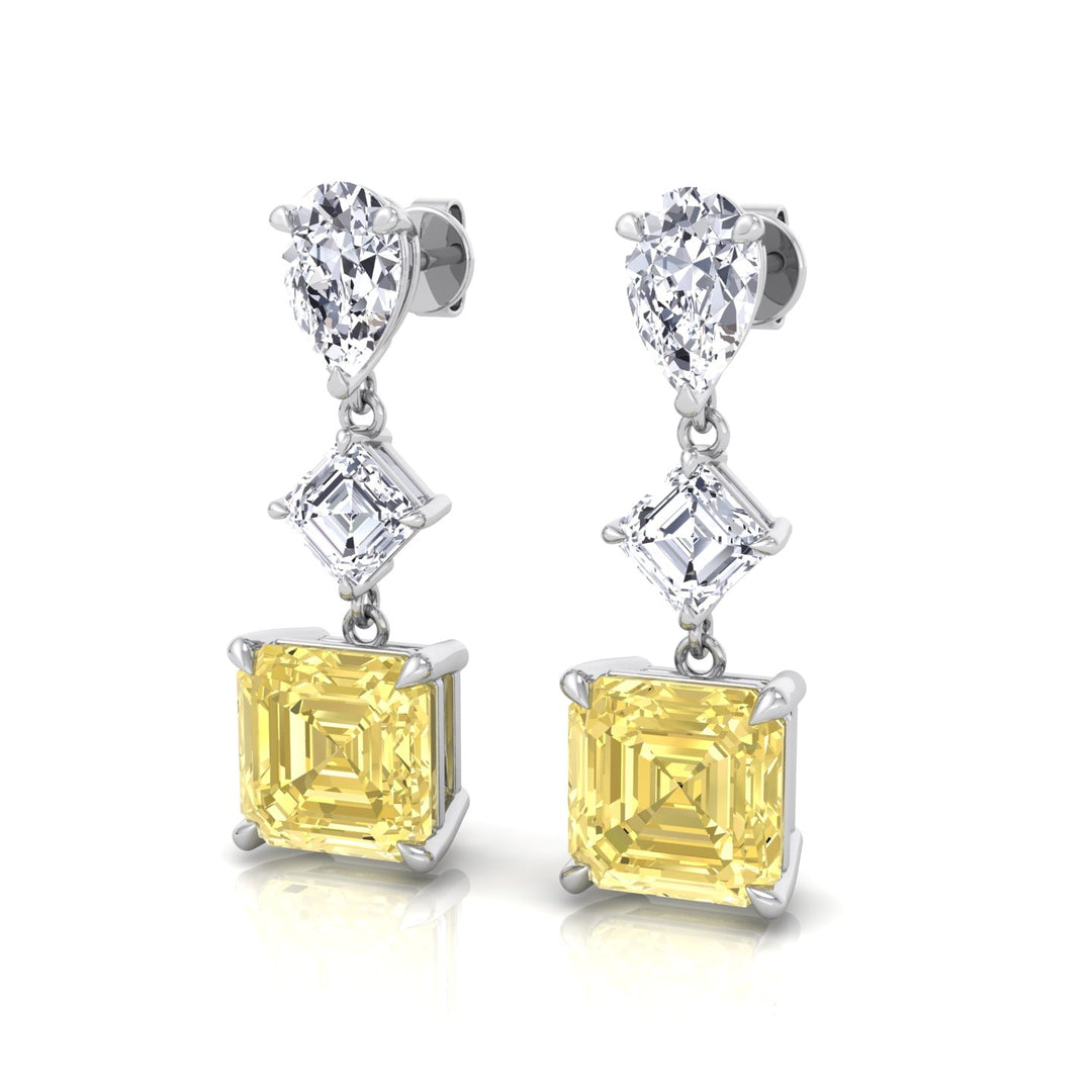 Pear & Asscher Cut Natural Diamond & Fancy Yellow Diamond Drop Earrings