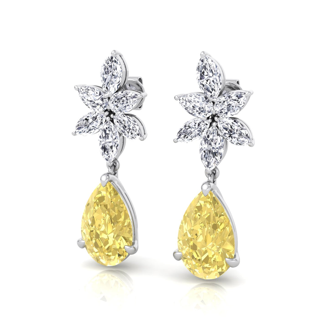 Pear & Marquise Cut Natural Diamond & Fancy Yellow Diamond Cluster Drop Earrings