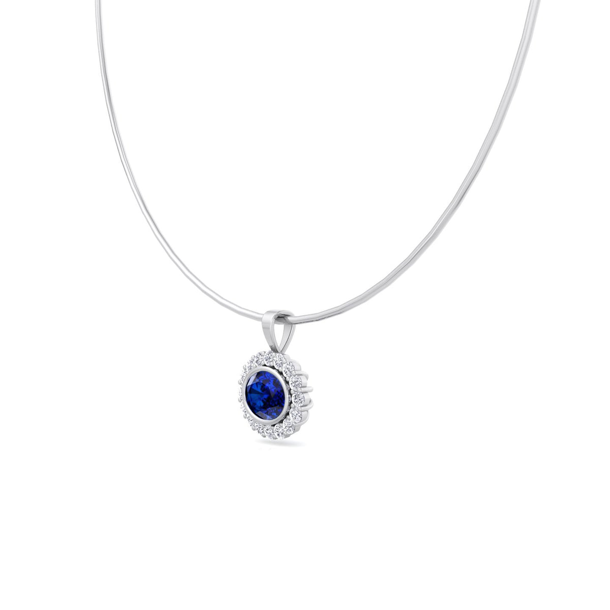 Oval Shape Natural Blue Sapphire and Diamond Halo Pendant in Omega Chain White Gold 14K