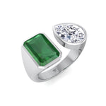 Pamina - Bezel Set Toi Et Moi Green Emerald and Pear Shape Diamond Open Ring - Gem Jewelers Co