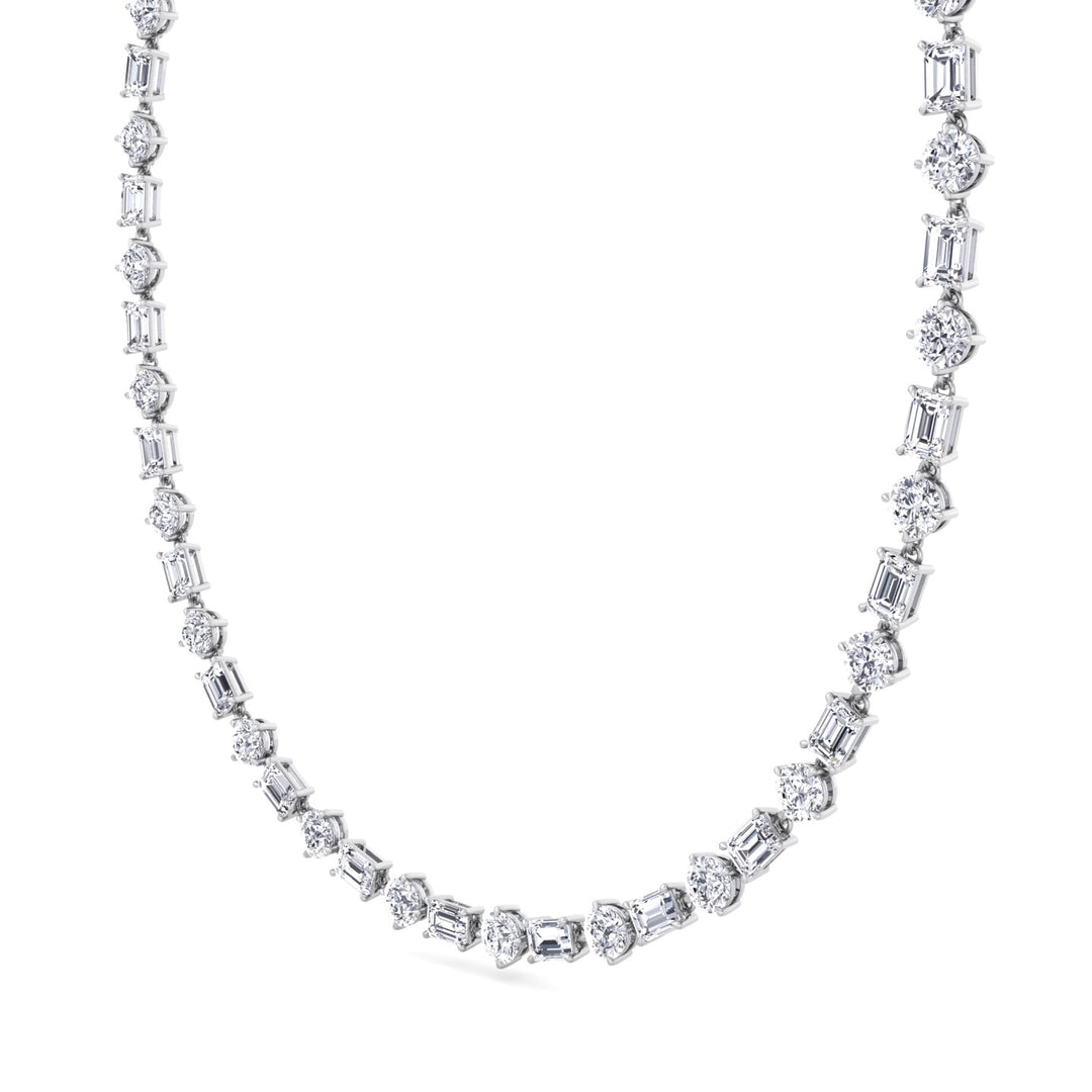 Alternating Emerald and Round Natural Diamond Tennis Necklace White Gold 18K
