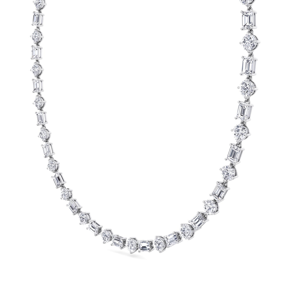 Alternating Emerald and Round Natural Diamond Tennis Necklace White Gold 18K