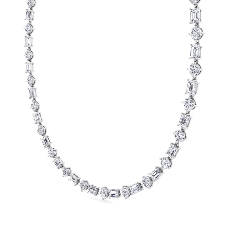 Alternating Emerald and Round Natural Diamond Tennis Necklace White Gold 18K