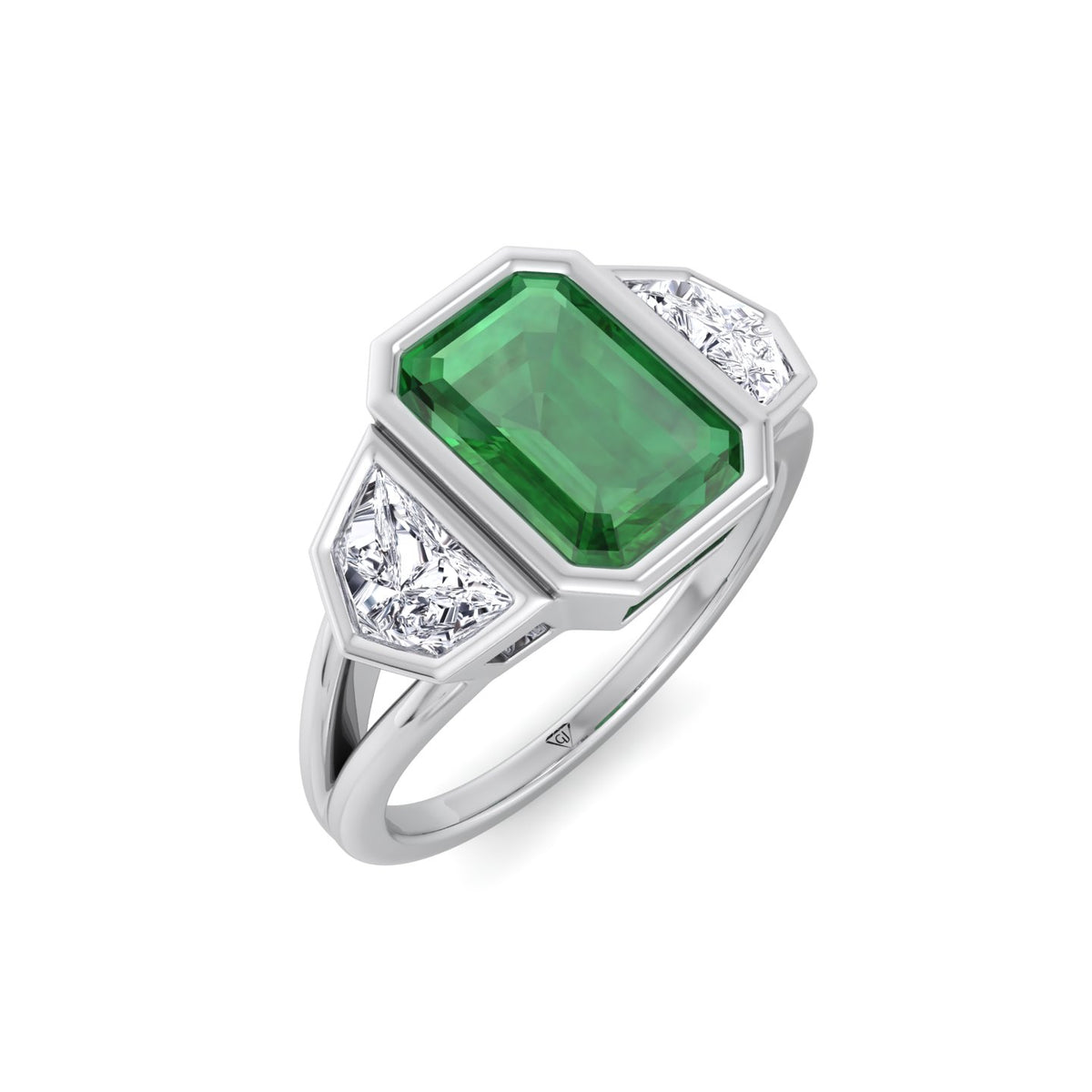 Bezel Set Natural Emerald Shape Green Emerald with Half Moon Diamond Sidestones Engagement Ring White Gold 14K