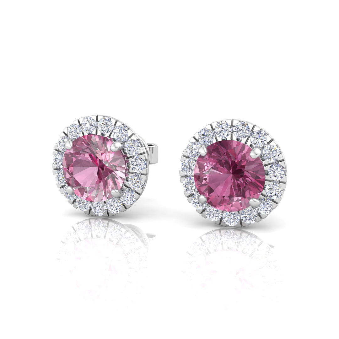 Round Shape Natural Pink Sapphire & Diamond Halo Studs