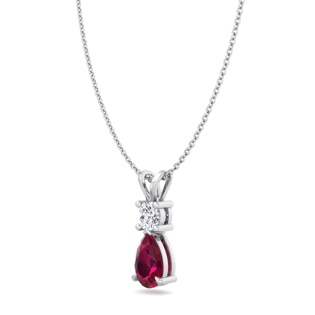 Natural Pear Shape Red Ruby & Round Shape Diamond Teardrop Pendant Necklace