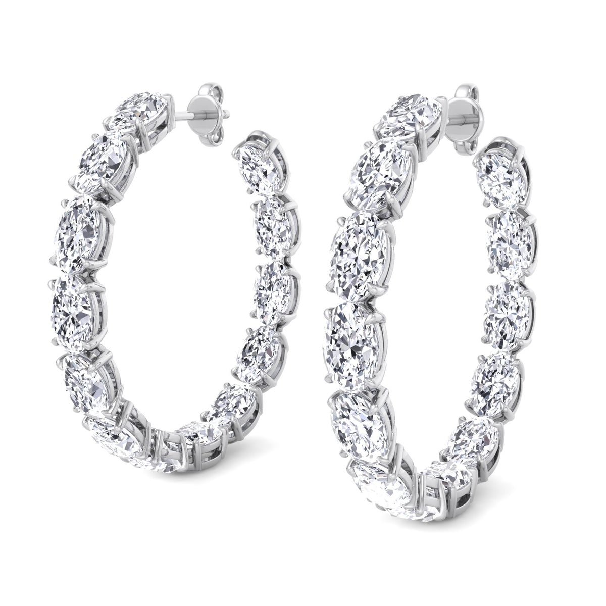 Inside Out Oval Natural Diamond Hoop Earring 1.25” White Gold 18K