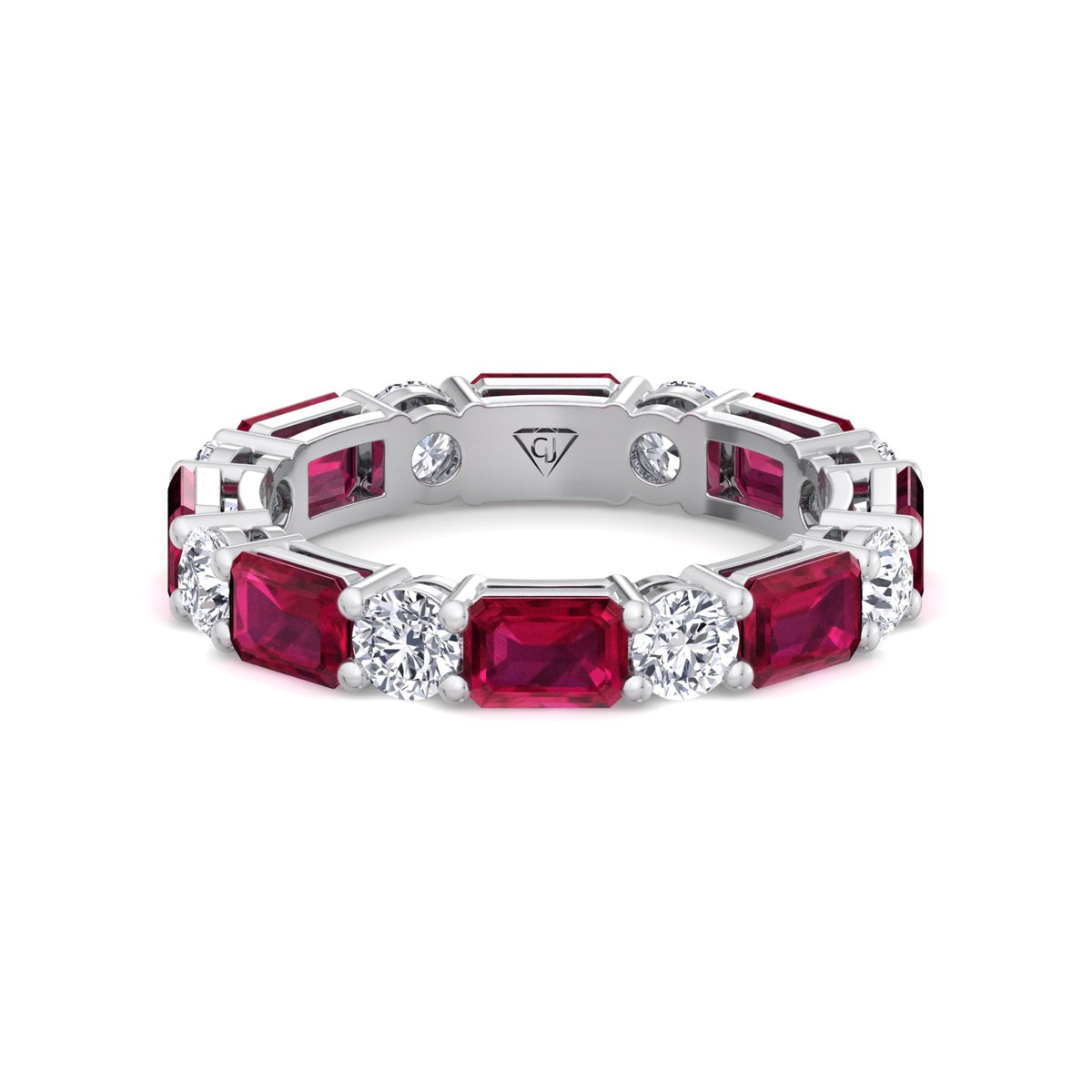 Alternating Natural Emerald Shape Red Ruby and Round Shape Diamond Eternity Band White Gold 14K