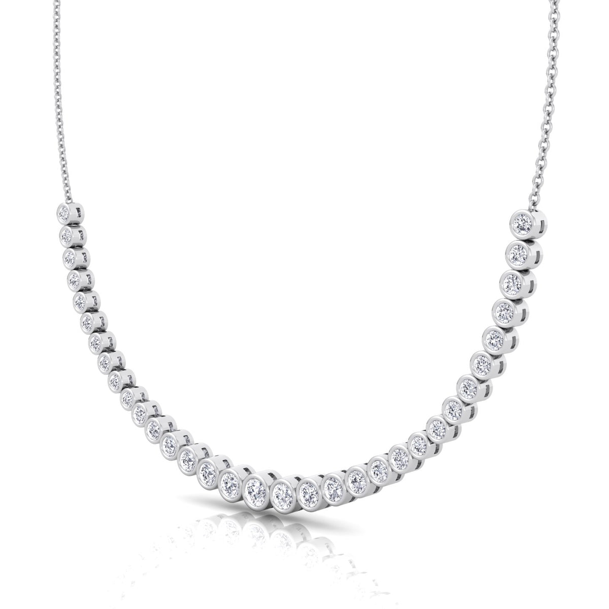 Halfway Graduated Bezel Set Natural Diamond Tennis Necklace White Gold 14K