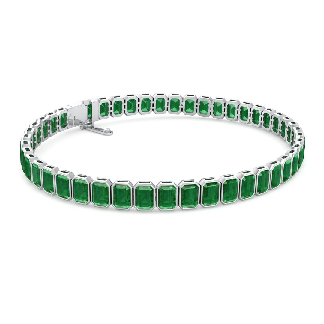 Bezel Set Emerald Cut Natural Green Emerald Tennis Bracelet White Gold 18K