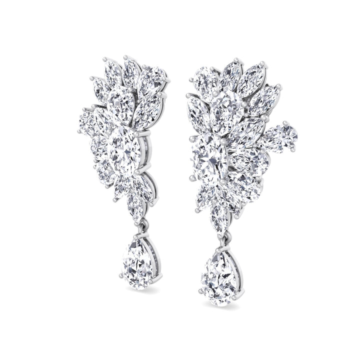 Cluster Marquise and Pear Shape Natural Diamond Drop Earrings White Gold 18K