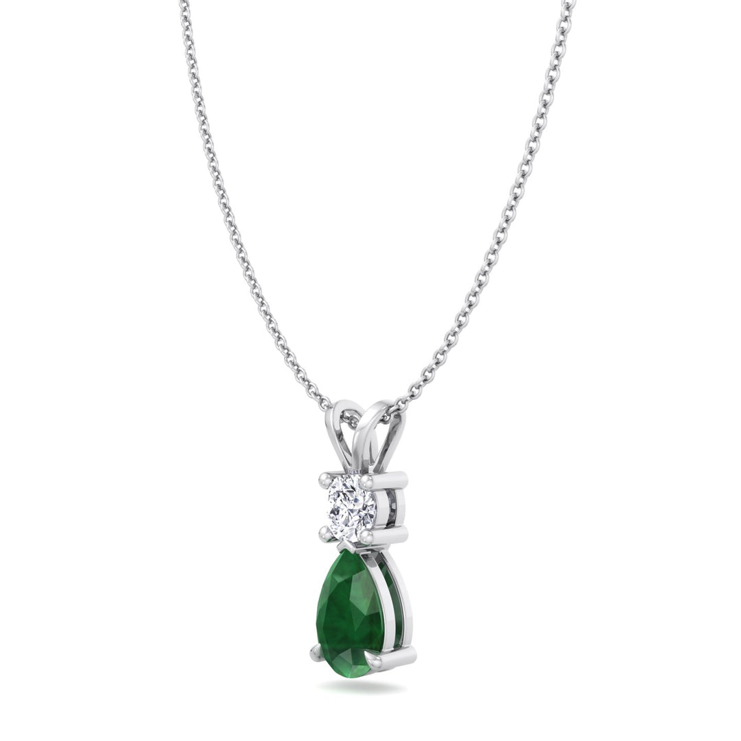 Natural Pear Shape Green Emerald & Round Shape Diamond Teardrop Pendant Necklace