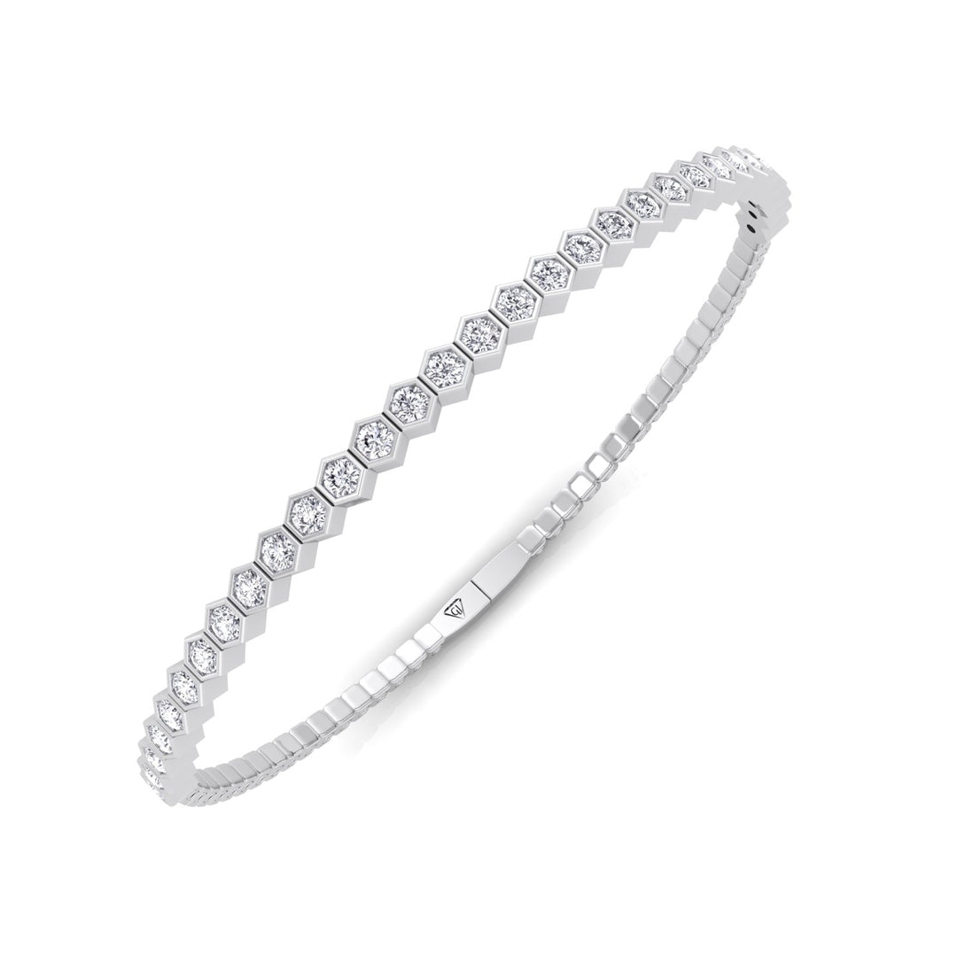Hexagonal Bezel Set Natural Diamond Flexible Bangle White Gold 18K
