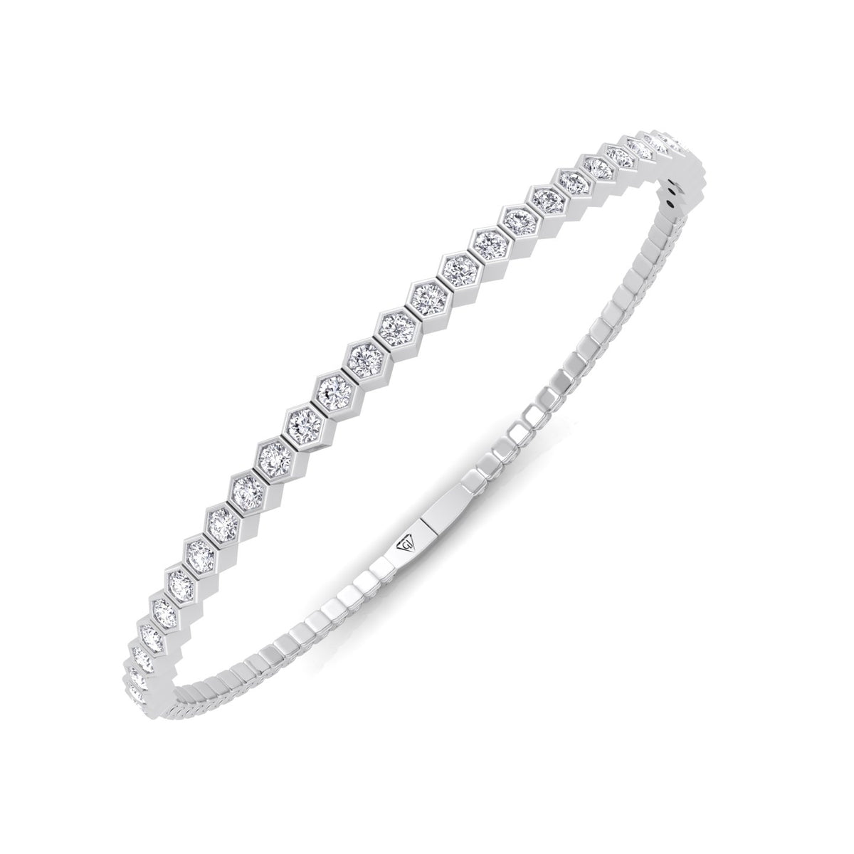 Hexagonal Bezel Set Natural Diamond Flexible Bangle White Gold 18K