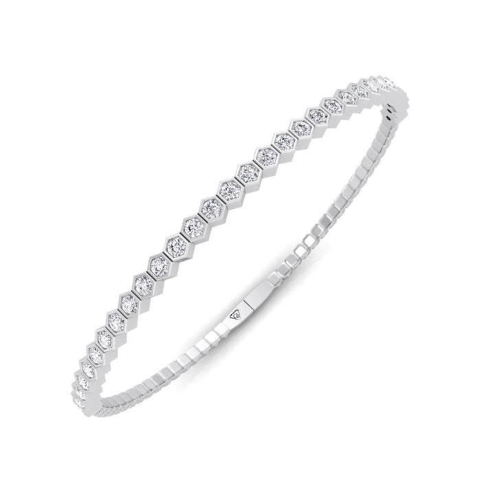 Hexagonal Bezel Set Natural Diamond Flexible Bangle White Gold 18K