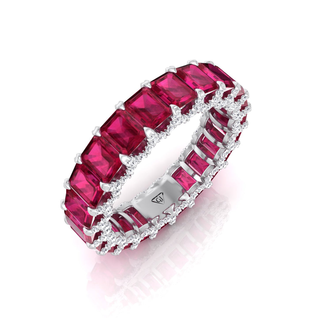 Emerald Cut Natural Red Ruby Eternity Band with Invisible Halo
