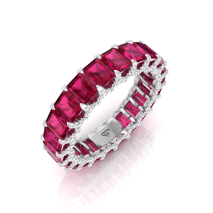 Emerald Cut Natural Red Ruby Eternity Band with Invisible Halo