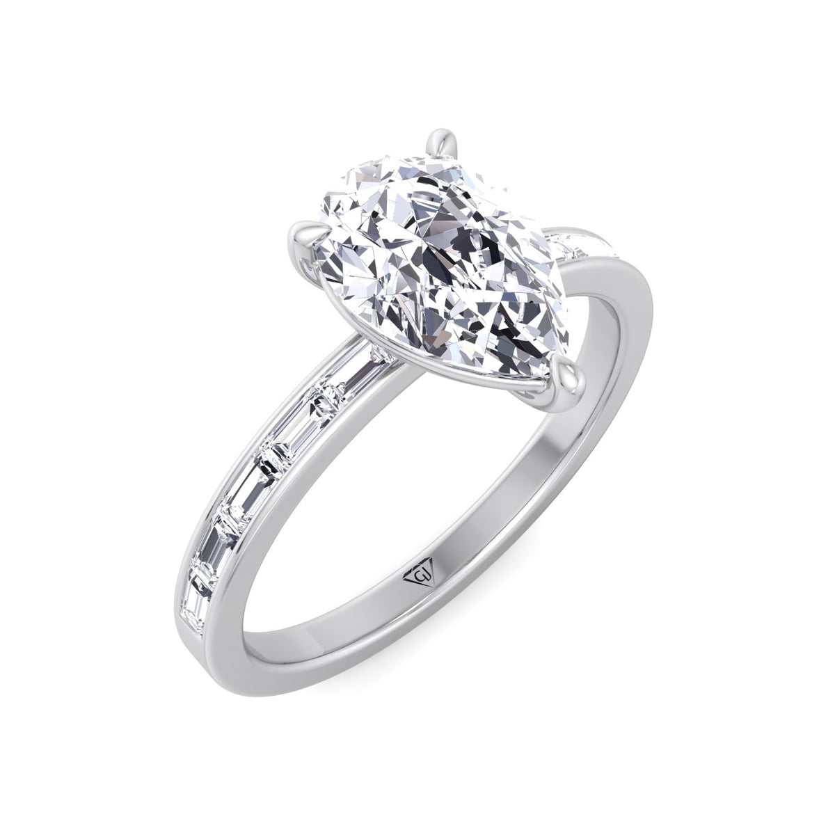Gina - Pear Shape Diamond Engagement Ring with Baguette Shape Channel Set Side Stone Band - Gem Jewelers Co